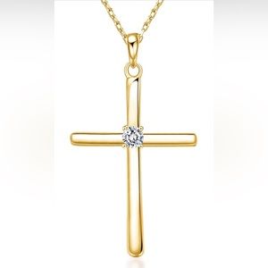 Old Rubin 18k Gold-Plated Necklace Cross w/ Cubic Zirconia 16” + 3.25” Extender